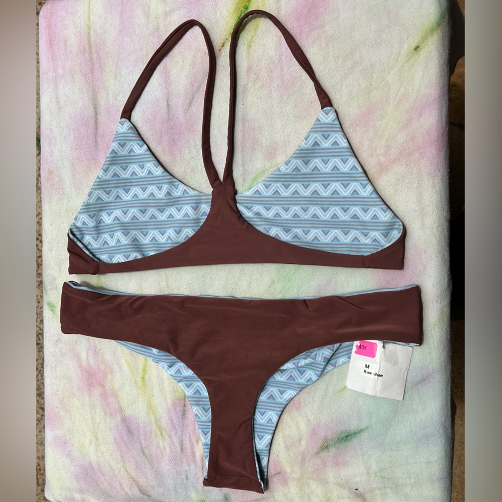 NEW Olala Swim Reversible Bikini Set Chocolate Brown & Blue Chevron/Aztec Medium - Picture 2 of 2